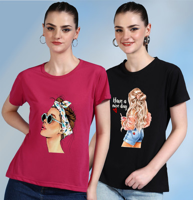 CHOZI Printed Women Round Neck Pink, Black T-Shirt