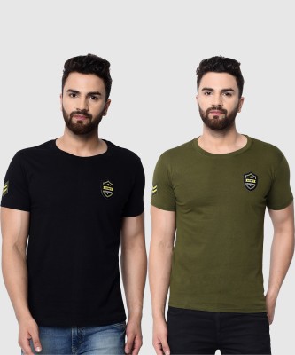 London Hills Solid Men Round Neck Green, Black T-Shirt