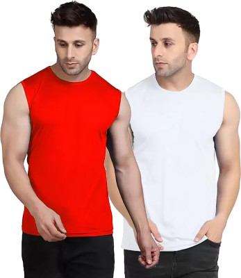 Think Tech Solid Men Round Neck Red, White T-Shirt