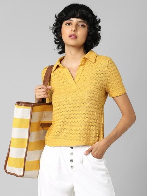 ONLY Self Design Women Polo Neck Yellow T-Shirt