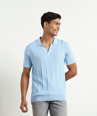 NOBERO Self Design Men Polo Neck Light Blue T-Shirt