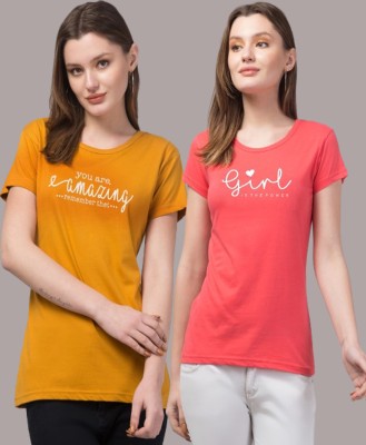ZAVERA Typography Women Round Neck Reversible Yellow, Pink T-Shirt