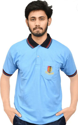 FirstTry Solid Men Polo Neck Light Blue T-Shirt