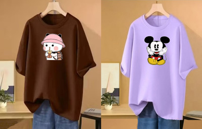 RAPTUROUS Printed Women Round Neck Brown, Purple T-Shirt