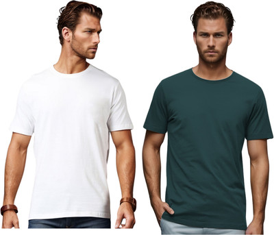 BlueFicus Solid Men Round Neck White, Dark Green T-Shirt