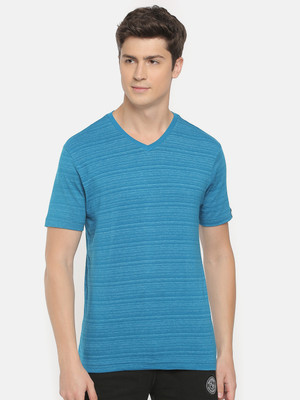 Macroman M-Series Striped Men V Neck Blue T-Shirt