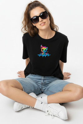 LuxeApe Printed Women Round Neck Black T-Shirt