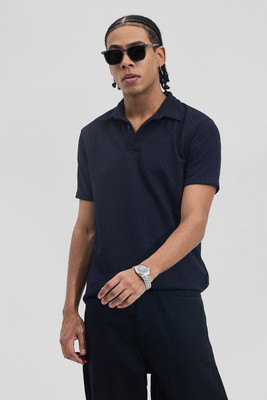 Snitch Self Design Men Polo Neck Dark Blue T-Shirt