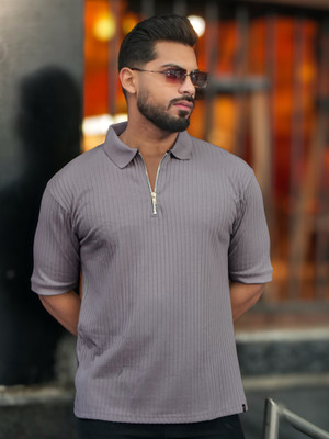 MANIAC Striped Men Polo Neck Grey T-Shirt