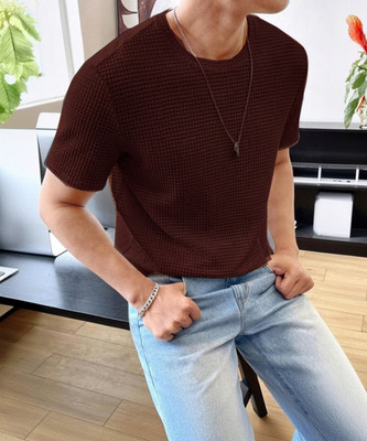 trendbite Self Design Men Round Neck Brown T-Shirt