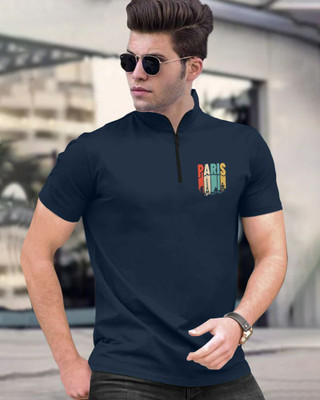 FastColors Printed Men Mandarin Collar Dark Blue T-Shirt