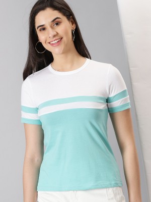 AUSK Striped Women Round Neck Light Blue T-Shirt