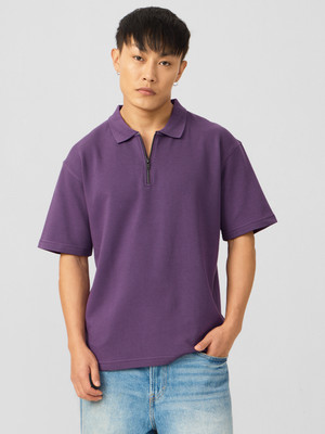 The Souled Store Solid Men Polo Neck Purple T-Shirt