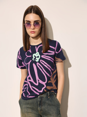 ONLY Printed Women Round Neck Navy Blue, Pink T-Shirt