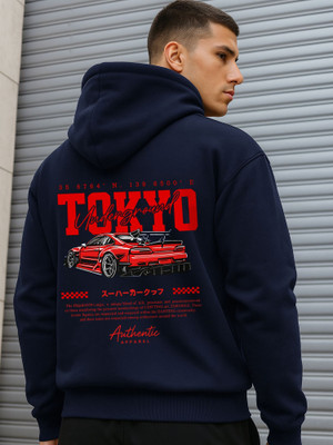 Jump Cuts Printed Men Hooded Neck Dark Blue, Red T-Shirt