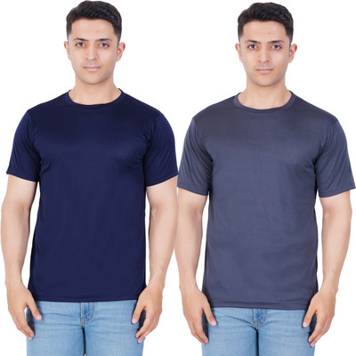 FEEL TRACK Solid Men Round Neck Dark Blue T-Shirt