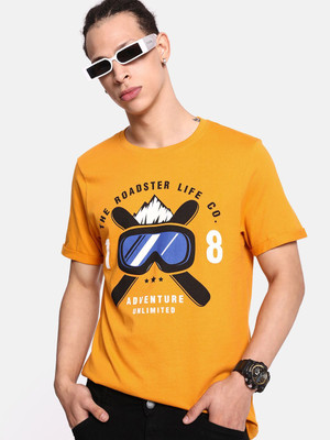 Roadster Printed Men Round Neck Yellow T-Shirt