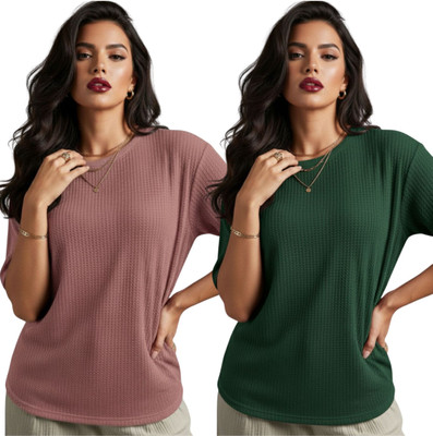VDTREND Self Design Women Round Neck Green, Pink T-Shirt