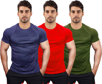 UDI n ADI Solid Men Round Neck Navy Blue, Red, Dark Green T-Shirt