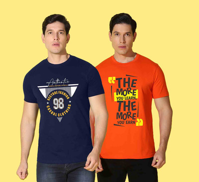 WOOSTRO Printed Men Round Neck Dark Blue, Orange T-Shirt