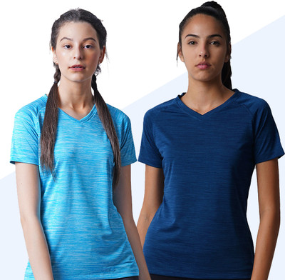 Pranera Printed Women V Neck Blue, Red T-Shirt