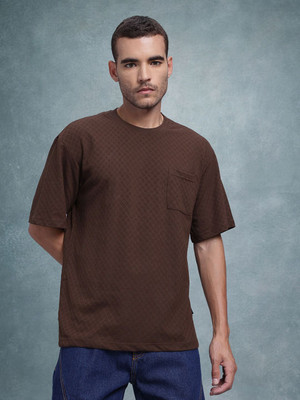 Roadster Self Design Men Round Neck Brown T-Shirt