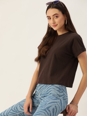 Dressberry Solid Women Round Neck Brown T-Shirt