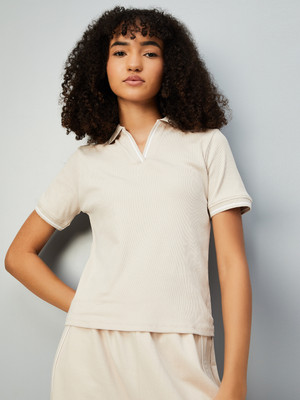 MAX Printed Women Round Neck Beige T-Shirt