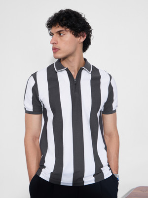 The Souled Store Striped Men Polo Neck Grey, White T-Shirt