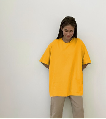 etsun Solid Women Round Neck Yellow T-Shirt