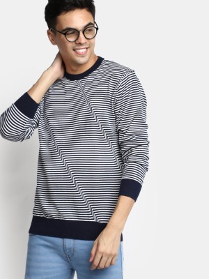 V-MART Striped Men Round Neck Blue T-Shirt