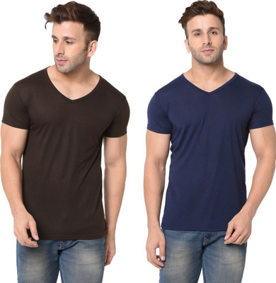 Tresna Trendy Solid Men V Neck Dark Blue, Brown T-Shirt