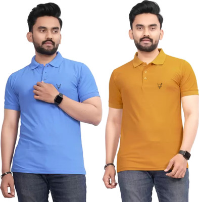 DEE LEAF Solid Men Polo Neck Yellow, Light Blue T-Shirt