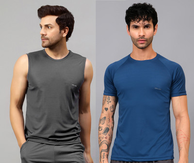 UDI n ADI Self Design Men Round Neck Grey, Blue T-Shirt