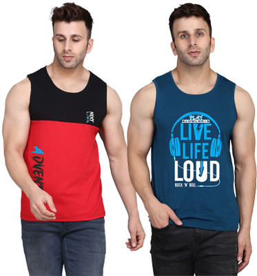 SLOWLORIS Printed Men Scoop Neck Dark Blue, Black, Red T-Shirt