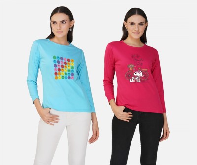 CHOZI Printed Women Round Neck Light Blue, Pink T-Shirt