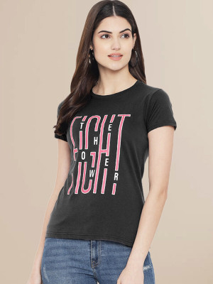 Fabflee Printed Women Round Neck Grey T-Shirt