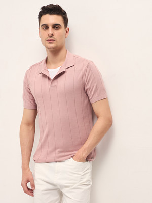 THE BEAR HOUSE Striped Men Polo Neck Pink T-Shirt