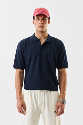 Snitch Solid Men Polo Neck Navy Blue T-Shirt