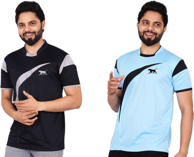 La Milano Colorblock Men Mandarin Collar Light Blue T-Shirt