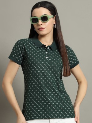 RISS Printed Women Polo Neck Dark Green T-Shirt