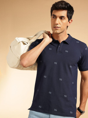 French Connection Printed Men Polo Neck Blue T-Shirt