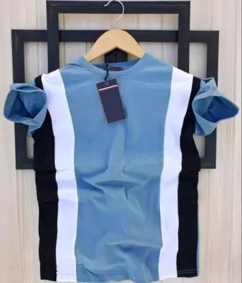 KASPY Striped Men Round Neck Blue T-Shirt