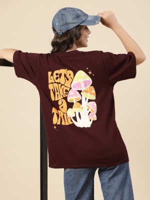 RIGO Printed Women Round Neck Maroon T-Shirt