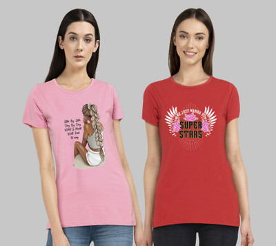 CHOQU Printed Women Round Neck Pink, Red T-Shirt