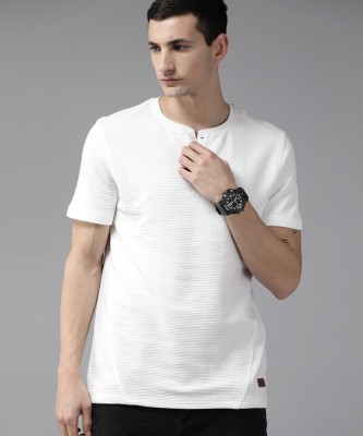 Roadster Self Design Men Henley Neck White T-Shirt