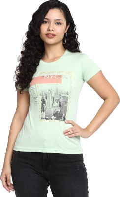 V-MART Printed, Typography Women Round Neck Green T-Shirt