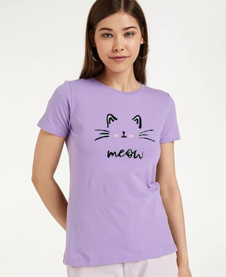 GLITO Printed Women Round Neck Purple T-Shirt