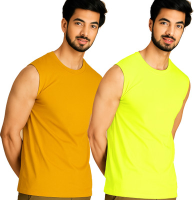Adorbs Solid Men Round Neck Yellow, Green T-Shirt