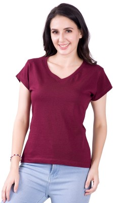 FASHINKS Solid Women V Neck Maroon T-Shirt